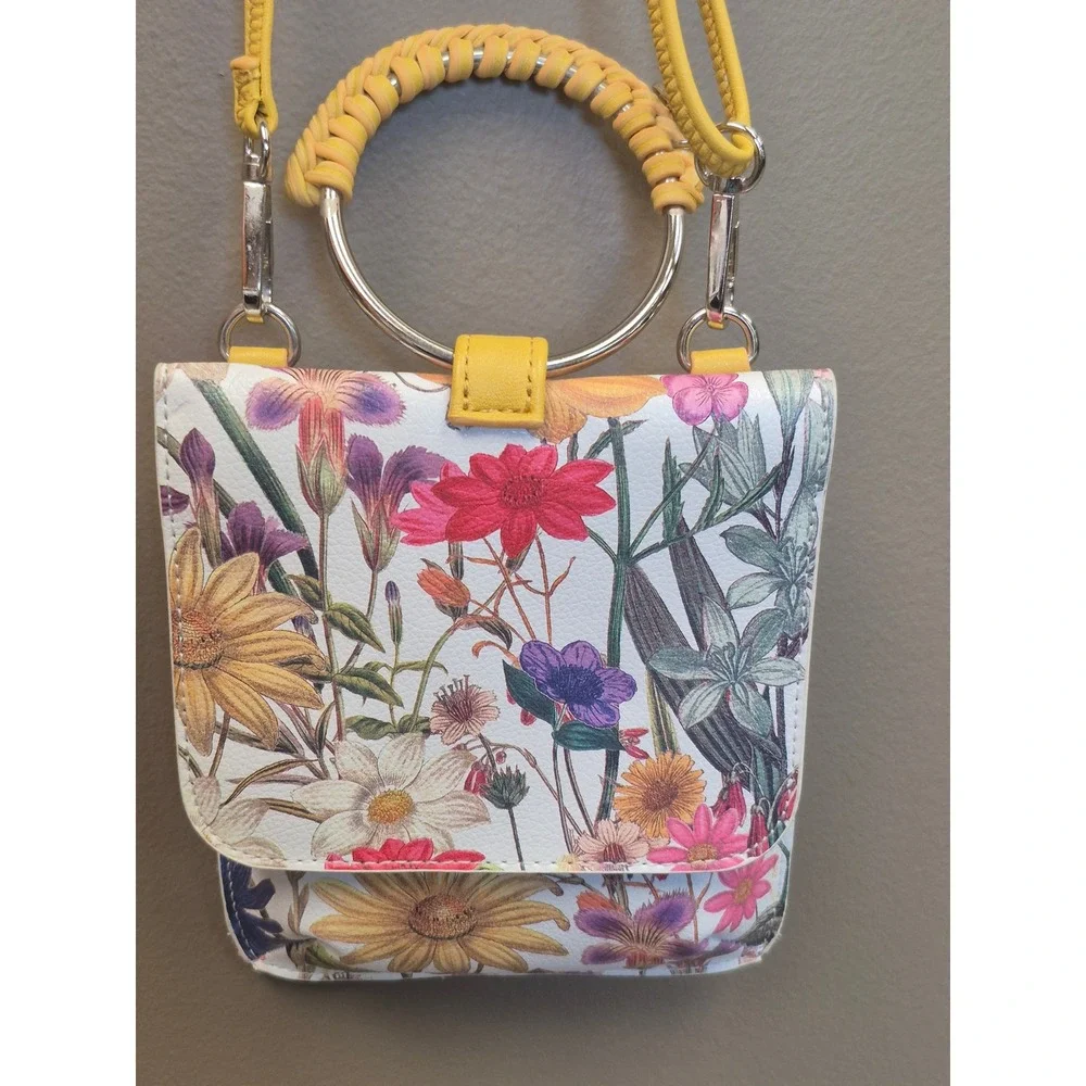 Carlos Santana Floral Crossbody‎ Mini Satchel Yellow Handle Purse Boho Festival